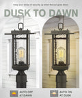Dusk To Dawn Outdoor Post Light Set, 21-Inch Pier Mount Lantern, Oil Rubbed Bronze, Craftsman Style Aluminum Die-Cast shown lit at dusk