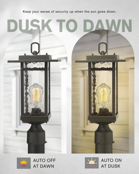Dusk To Dawn Outdoor Post Light Set, 21-Inch Pier Mount Lantern, Oil Rubbed Bronze, Craftsman Style Aluminum Die-Cast shown lit at dusk