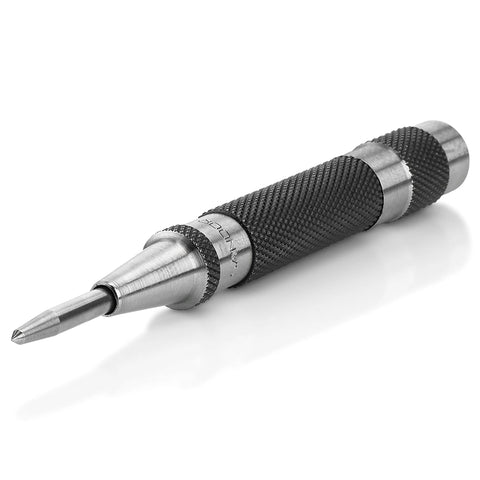 Heavy-duty automatic center punch with knurled metal handle and hardened steel tip