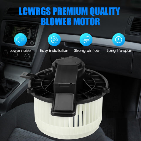 Heater Blower Motor With Fan That Fits Dodge Grand Caravan Jeep Grand Cherokee Chrysler Town And Country Durango 2008 2009 2010 2011 2012 2013 2014 2015 2016 2017 2018 2019 2020 Replacement HVAC Fan Motor with white fan blades displayed in car interior