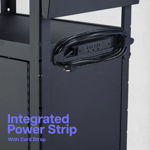 Close-up of adjustable height rolling AV cart mobile workstation with built-in power strip and locking steel cabinet for classroom use.