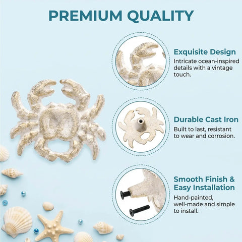 Six Ocean Themed Cabinet Knobs Set With Cast Iron Drawer Pulls For Dresser And Cupboard Includes Screws Coastal Decor With A Beachy Vibe Featuring Turtle Whale Seahorse Starfish Crab And Scallop Details Durable And Easy To Install, cast iron crab knob
