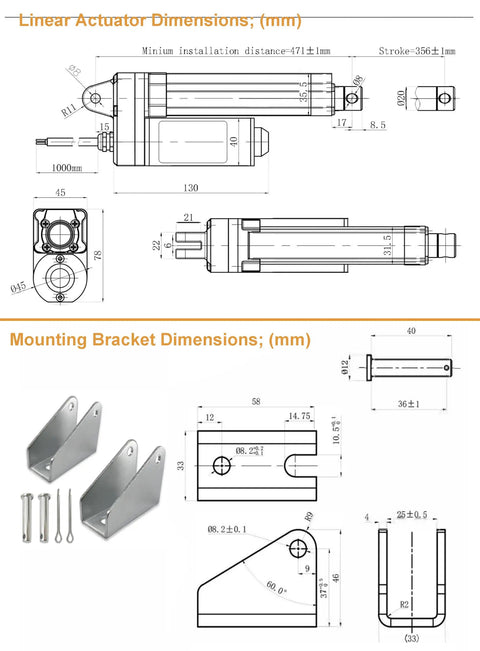 Technical diagram of Heavy Duty 12V Linear Actuator 2800N 617Lbs With Mounting Brackets IP67 Waterproof; dimension details included.