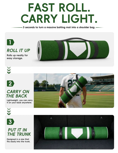 4 By 6.5 Ft Baseball Hitting Mat With Home Plate For Backyard Practice rolled up and carried for easy transport
