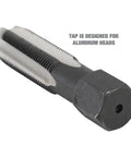 Close-up of a tap tool from Cylinder Head Rethread Kit For Aluminum Heads Only With Tap And Reamer And Three Eighths Inch, Seven Sixteenths Inch.