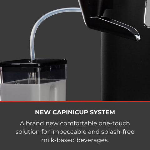 Zero Stress Super Automatic Espresso Machine With Integrated Milk Frother For Silky Latte Creations featuring the CapiniCup system for milk.