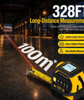 Badass 4 In 1 Laser Tape Measure With 328 Ft Range And 16 Ft Self Locking Blade showing digital display and laser projection in use.