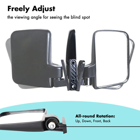Universal Folding Golf Cart Side Mirrors With No Drill Install Roof Bracket adjustable angles for round or square tube mounts