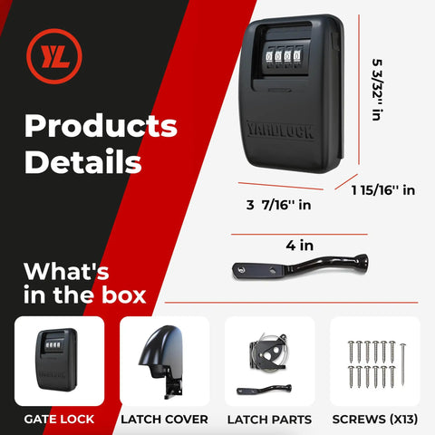 No Fuss Heavy Duty Keyless Gate Lock With Real Two Way Access Fence Latch Straight Up Easy Install For Wood Or Vinyl Home Security Badass Theft Protection Foolproof Two Pack product details including dimensions and components.