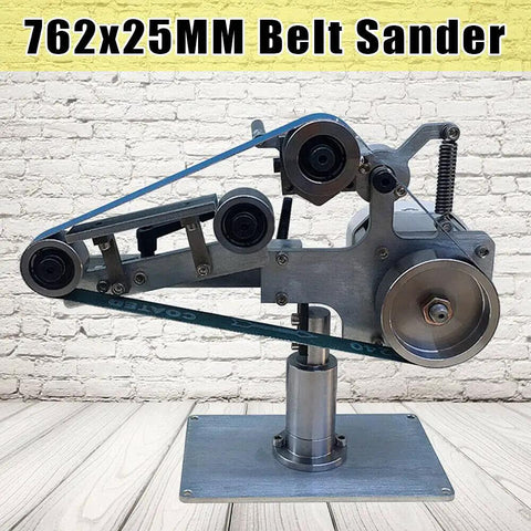 Badass Power Rugged Heavy Duty Vertical Belt Sander With Brushless 550 Watt Motor 110 Volt Horizontal Polish And Grind Tool Adjustable Steel Frame Low Noise Workhorse, showing a 762x25MM belt sander with a steel frame and adjustable mechanism.