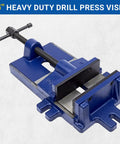 Built Tough 6 Inch Drill Press Vise with heavy duty stationary base, bench clamp in blue; cast ductile iron body, hardened steel jaws.