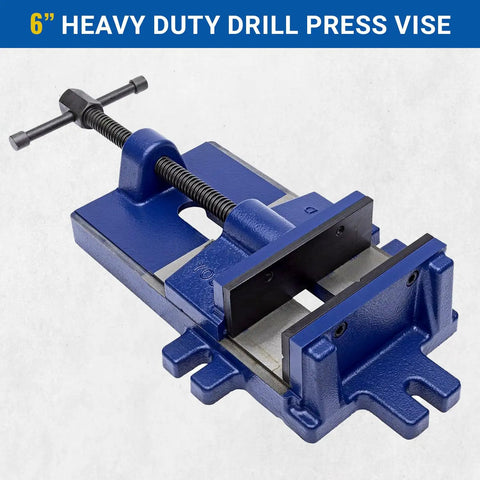 Built Tough 6 Inch Drill Press Vise with heavy duty stationary base, bench clamp in blue; cast ductile iron body, hardened steel jaws.