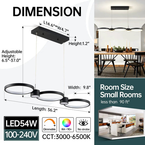 Dimmable 54W LED Chandelier With Remote Control, Modern Pendant Light Fixture For Kitchen Island And Dining Table diagram