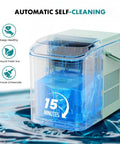 Hella Fast Portable Ice Maker With Built In Handle transparent design showing self-cleaning feature and water tank.
