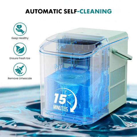 Hella Fast Portable Ice Maker With Built In Handle transparent design showing self-cleaning feature and water tank.