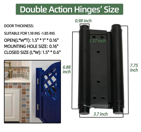 8 Inch Black Double Action Door Hinges Self Closing For Cafe Saloon Pub Swinging Doors 201 Stainless Steel Includes Pins And Screws Heavy Duty 4 Pack Set, side and front view, black hinge with measurements