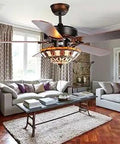 52 Inch Black Ceiling Fan With Tiffany Light, Whisper Quiet Copper Motor Delivers 27 dB in stylish living room setting