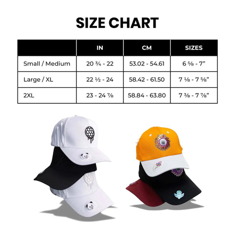 Size chart with Dope Custom Golf Hat With Tee Holder And Ball Marker, Bill Magnet, Sweat Stain Resistant, 2XL fit hats displayed.