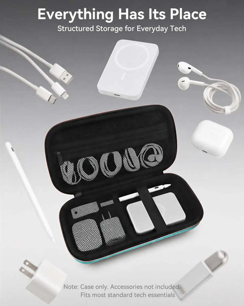 Dope Hard Eva Tech Organizer For Power Bank Stash Cable Runners And Charger Gear With Water Resistant Oxford Shell Cozy Interior Zipper Bag And Smart Travel Fit For Anyone Who Hates Tangled Wires Everywhere In Teal showcasing a compact interior with various tech accessories.