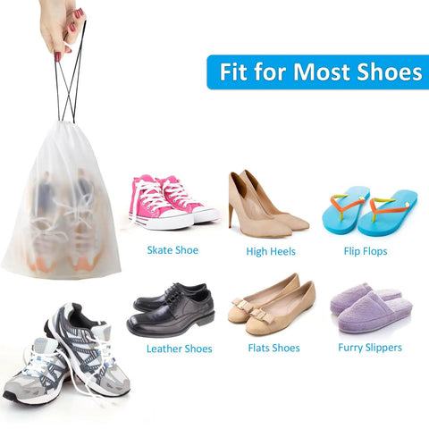 Waterproof Travel Drawstring Shoe Bags 5 Pack Clear Shoe Organizer showing various shoe types including sneakers and heels