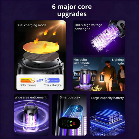 Rechargeable Solar Mosquito Zapper Lamp For Outdoor Use Portable Electric Bug Killer with purple light and black housing