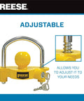 Heavy Duty Universal Trailer Coupler Lock, adjustable yellow coupler lock with keys, designed for easy use and secure fitting.