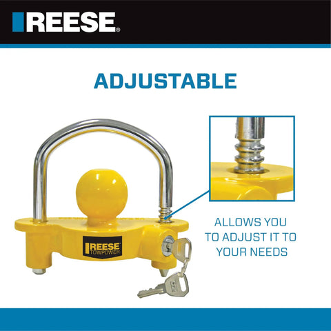 Heavy Duty Universal Trailer Coupler Lock, adjustable yellow coupler lock with keys, designed for easy use and secure fitting.
