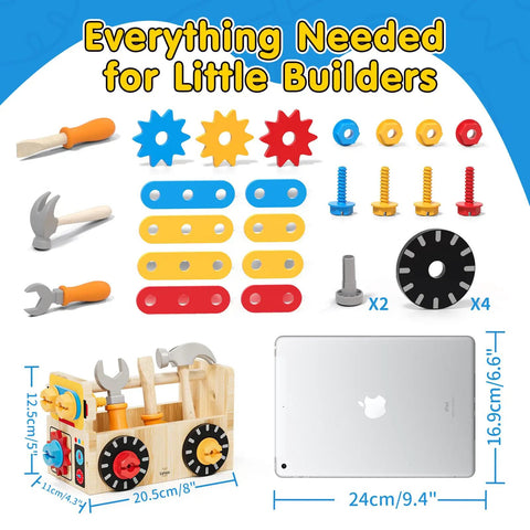 Wooden Toddler Tool Set For Tots 2 To 4, Kid-Friendly Pretend Play Tool Box With Hammer, Wrench, Nails, Gears, and 29 Pieces