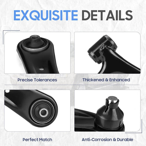 Close-up details of Dodge Caliber Front Lower Control Arms With Ball Joints And Sway Bar End Links Tie Rods Rack Boots 8pc Kit