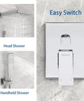 All In One Shower System With 10 Inch Chrome Rain Shower Head Square Wall Mounted Rainfall Set Includes Valve And Trim Kit Complete Faucet And Shower Combo For Modern Bathrooms showing easy switch and head and handheld configuration.