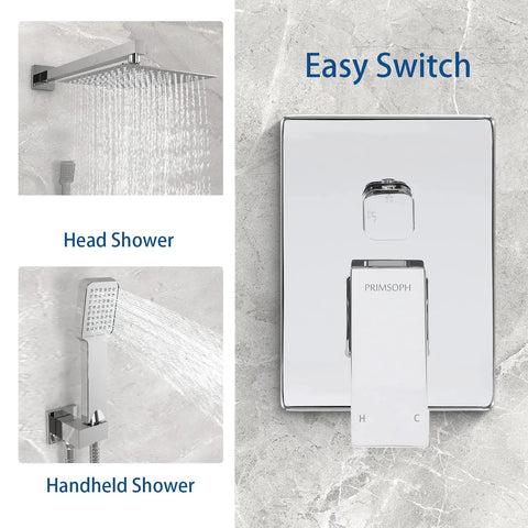 All In One Shower System With 10 Inch Chrome Rain Shower Head Square Wall Mounted Rainfall Set Includes Valve And Trim Kit Complete Faucet And Shower Combo For Modern Bathrooms showing easy switch and head and handheld configuration.