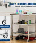 Stainless Steel Prep Table On Wheels 36x24 Inch NSF Food Prep Station With Backsplash And 2 Adjustable Undershelves in garage