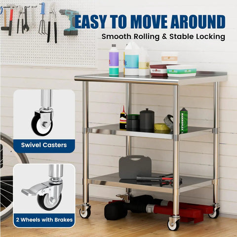 Stainless Steel Prep Table On Wheels 36x24 Inch NSF Food Prep Station With Backsplash And 2 Adjustable Undershelves in garage