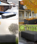 Waterproof 600D Oxford Patio Table And Furniture Cover For Outdoor Use Weatherproof And Windproof Heavy Duty UV Resistant Shield shown in various weather conditions