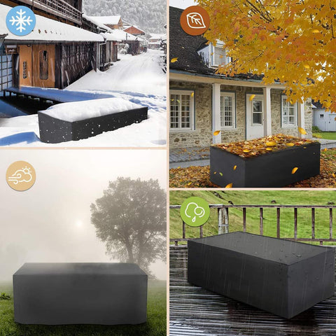 Waterproof 600D Oxford Patio Table And Furniture Cover For Outdoor Use Weatherproof And Windproof Heavy Duty UV Resistant Shield shown in various weather conditions