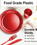 Kickback Ready Red Plastic Dinnerware Set Feeds Fifty Guests With Nine Inch Plates Seven Inch Snack Plates 12 Ounce Cups utensils