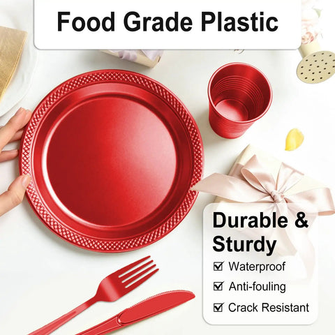 Kickback Ready Red Plastic Dinnerware Set Feeds Fifty Guests With Nine Inch Plates Seven Inch Snack Plates 12 Ounce Cups utensils