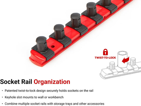 Close-up of socket rail with twist-to-lock feature from Half Inch Drive Shallow 6 Point Socket Set With Rail 15 Piece Metric Sockets.