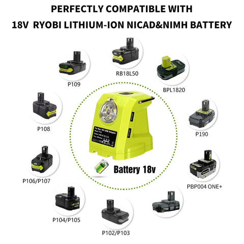 Portable LED Lantern For Ryobi 18V Batteries 450 Lumen Work Light With Dual USB 2.1A Fast Charge surrounded by battery types