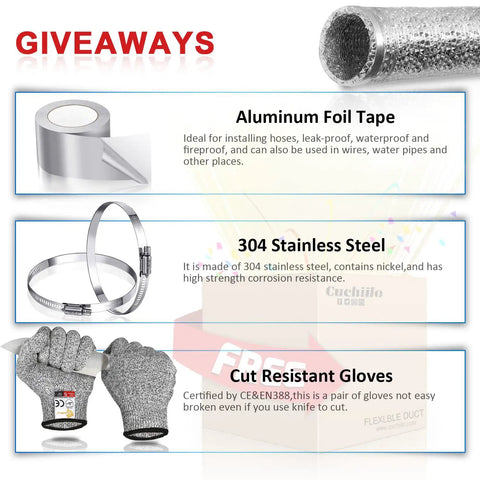 Image showing giveaways including aluminum foil tape, stainless steel clamps, and cut-resistant gloves from Must Have 4 Inch Dryer Vent Hose Aluminum Foil Ducting Flexible 8 Ft Long Non Insulated With 2 Clamps Cutting Resistant Gloves And Electrical Tape For Quick And Easy Home Dryer Venting.
