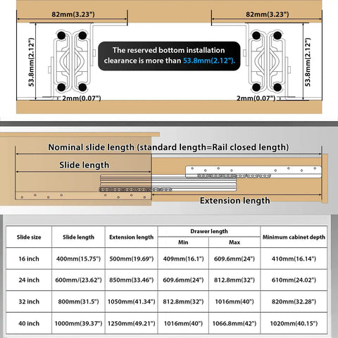 Dimensions and measurements of Undermount Heavy Duty Drawer Slides Full Extension Bottom Mounted 250 Lb Pair in diagram