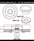 Heavy Duty Chrome Fire Sprinkler Escutcheon 10 Pack Half Inch IPS Recessed Split Ceiling Trim diagram with detailed measurements.