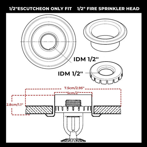 Heavy Duty Chrome Fire Sprinkler Escutcheon 10 Pack Half Inch IPS Recessed Split Ceiling Trim diagram with detailed measurements.