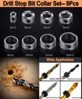 8-piece drill stop bit collar set in various sizes with application examples for woodworking, ceramic, twist, and multi-function drills.