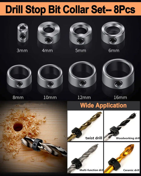 8-piece drill stop bit collar set in various sizes with application examples for woodworking, ceramic, twist, and multi-function drills.