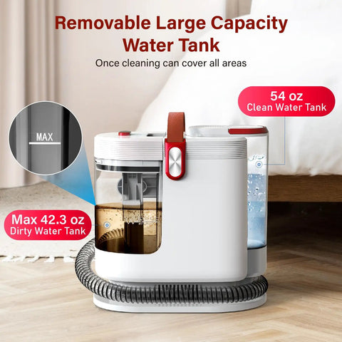 Portable Upholstery And Carpet Cleaner With 15KPa Suction And 500W Motor, large water tanks, and hose in room setting