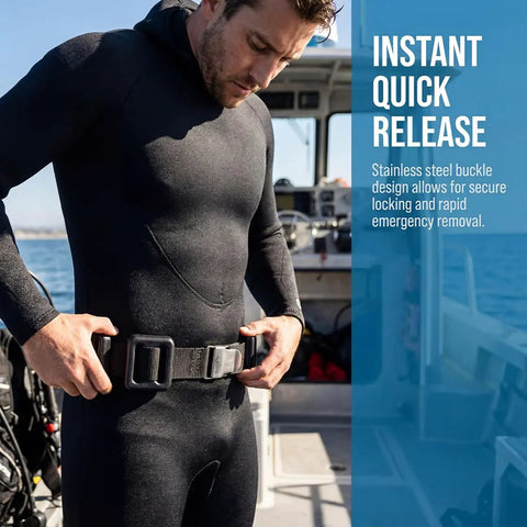 Man preparing to dive with 4 Pcs Scuba Weight Belt Set With Coated Lead Blocks And Nylon Belt, 2.2 Lb Total Weight on a boat.