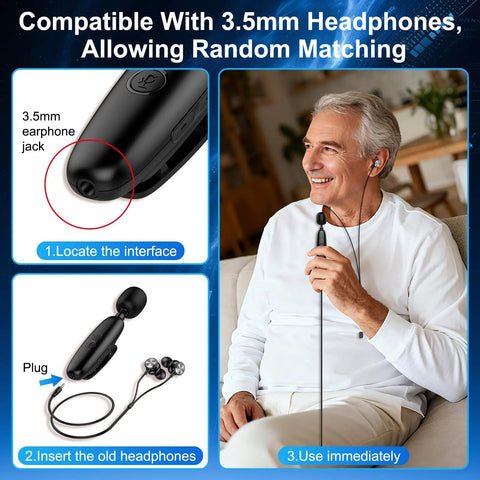 Man using Personal Sound Amplifier For Seniors With 50 dB Gain Seven Level Tone Control Noise Cancellation Rechargeable Battery