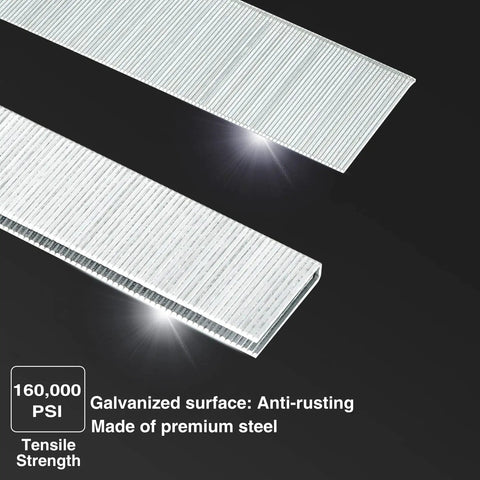Heavy Duty Galvanized Staples and Brad Nails Kit for Pneumatic and Electric Staplers, showcasing tensile strength and anti-rust features.