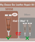 Comparison of large capacity 45ml SEISSO leather repair tube with two 20ml tubes for Vinyl And Leather Repair Kit For Furniture Sofa Jacket Couches Car Seats And Purses With Easy Step By Step Instructions To Match Any Color And Restore Any Material Bonded Pleather Genuine Leather.